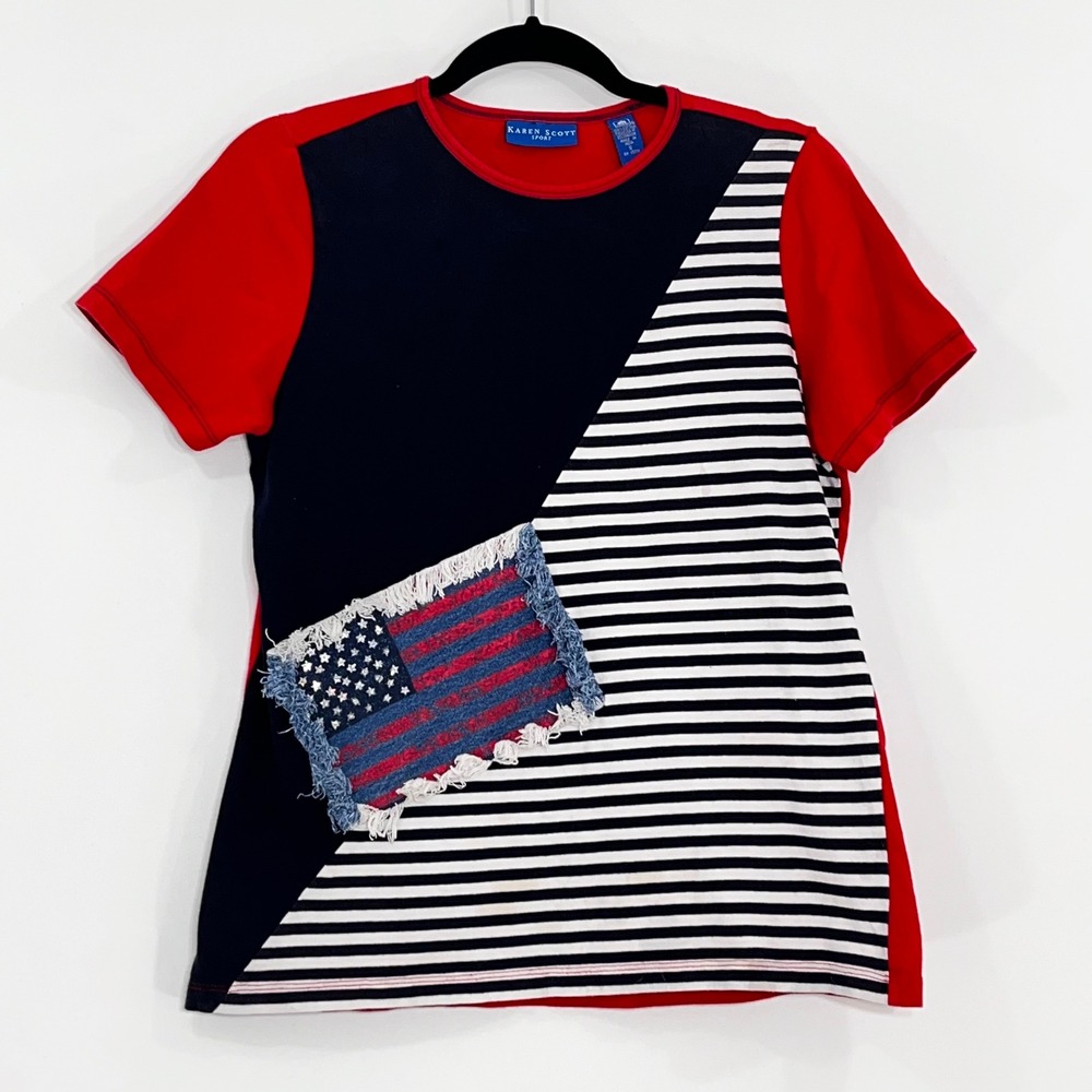 Karen Scott Sport Womens Red Navy Striped American Flag Patch T-Shirt Small